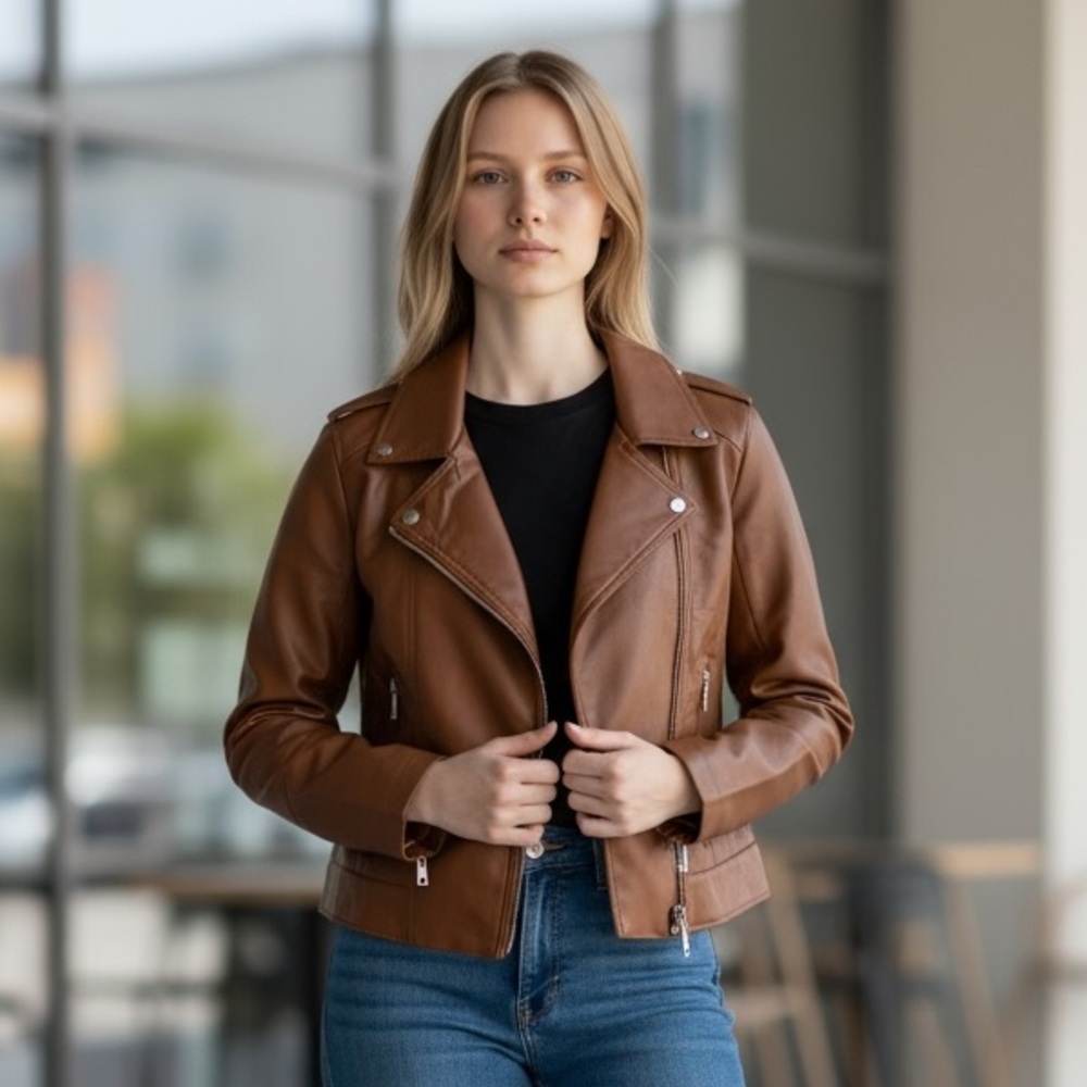 NWT Nicole Miller New York Faux Leather Motorcycle Jacket In Cognac Medium